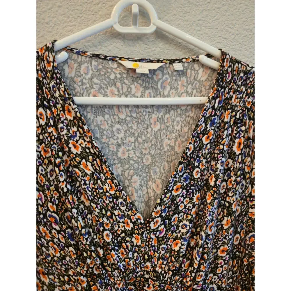 Boden Woman's Floral Cottagecore Jersey Tea Dress V-Neck Long-Sleeve Size 10